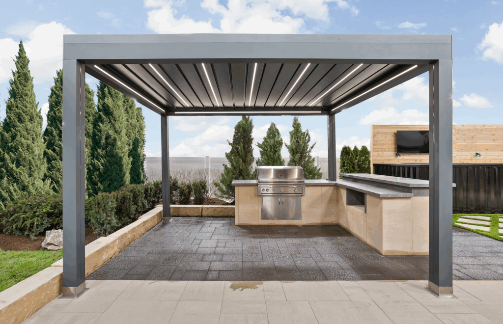 Backyard deck with pergola providing shade, comfort, and outdoor living space.