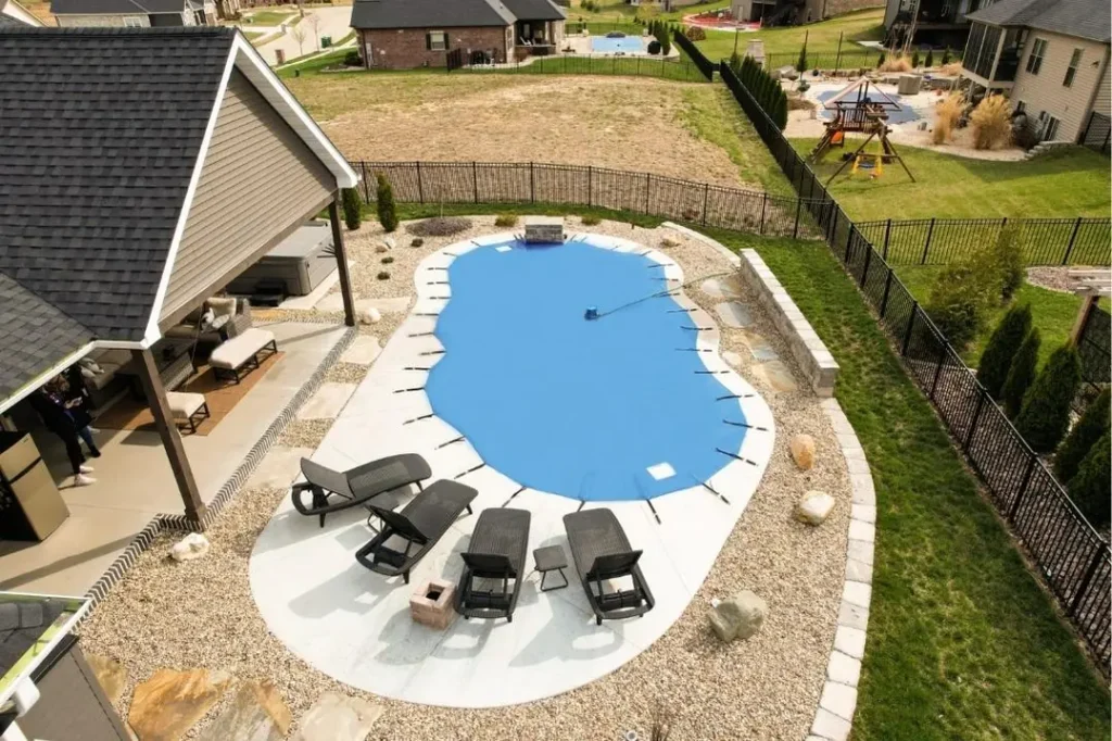 Blue mesh safety pool cover Anchor Industries residential use